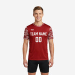 Men's dark red and white camo soccer training jersey with sublimated team name and number on front, K2 Sportswear