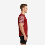 Side view of custom camo soccer training jersey in dark red with white camo sleeve and side panel detail