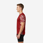 Right side view of dark red camo soccer training jersey showing full sublimated camo pattern on sleeve
