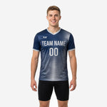 Deep navy blue and silver gradient mens soccer training jersey with team name and number printed on chest, front view