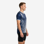 Custom mens soccer training jersey in navy blue to silver gradient, left side view showing sleeve cuff trim and athletic cut