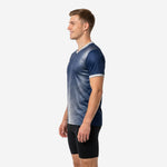 Mens soccer training jersey navy blue and silver gradient, right side view showing full-dye sublimation brushed texture print