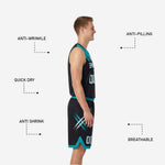 Back view of black base reversible basketball jersey showing player name and number placement in teal, with matching black reversible shorts