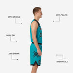 Back view of teal base reversible basketball jersey showing player name and number placement in black, with matching teal reversible shorts