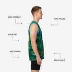 Back view of green camo custom basketball jersey with player name and number sublimated on back panel
