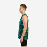 Left side view of green and teal camo sublimated basketball jersey showing armhole binding and jersey length