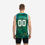 Right side view of green digital camo basketball jersey with teal binding and straight hem at hip