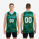 Size chart and spec sheet for custom green camo basketball jerseys in youth and adult sizing