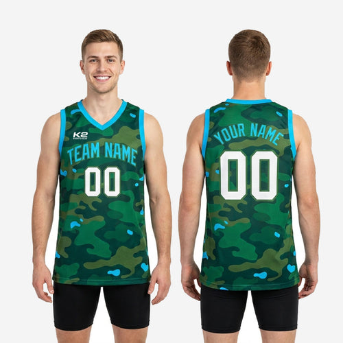 Size chart and spec sheet for custom green camo basketball jerseys in youth and adult sizing