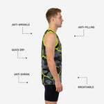 Size chart for custom digital camo basketball jerseys showing youth and adult sizing measurements for team roster orders