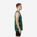 Front view of custom green camo basketball jersey with cyan teal trim, arced team name across chest and white number 00