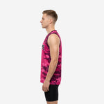 Size and specification chart for custom digital camo basketball jerseys in pink and maroon covering youth and adult size runs