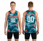 Back view of digital camo basketball jersey in teal and orange showing back number and player name placement