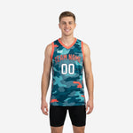 Digital camo basketball jerseys in teal and orange sublimation with team name and number 00 on front, back view showing back number