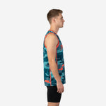 Custom digital camo basketball jersey front view, teal and aqua camo pattern with orange V-neck binding and arched team name on chest
