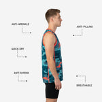 Opposite side view of custom teal camo basketball jersey with orange trim and sleeveless athletic cut silhouette