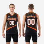 Back view of men's custom black and orange basketball jersey with back number and player name print zones on black polyester base