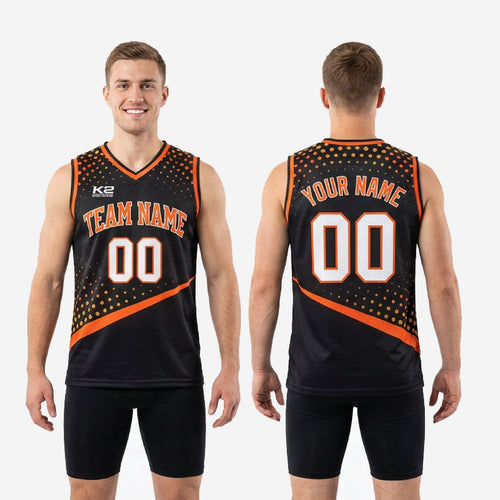 Back view of men's custom black and orange basketball jersey with back number and player name print zones on black polyester base