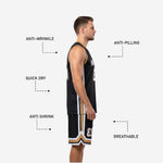 Back view of dye sublimation basketball uniforms in black and gold with player name and back number on the sleeveless jersey
