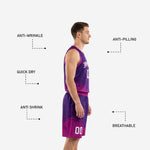 Back view of dye sublimation basketball uniforms in purple and magenta showing back name number placement and gradient design