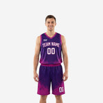Dye sublimation basketball uniforms in purple and magenta splash gradient showing front and back of full jersey and shorts set