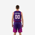 Opposite side view of men's custom purple basketball uniform showing full two-piece splash gradient jersey and shorts construction