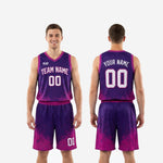 Size and specification sheet for custom purple and magenta dye sublimation basketball uniform set in youth and adult sizes