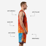 Fire and ice basketball shorts showing dual-panel sublimation with player number on leg