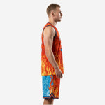 Left side view of custom basketball uniform showing full orange flame sublimation panel on jersey and shorts