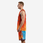 Right side view of custom basketball uniform showing sky blue ice texture panel with flame hem detail on shorts