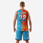 Close detail of fire and ice custom basketball jersey with team name and number sublimation