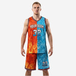 Front view of fire and ice custom basketball uniforms with orange flame and sky blue ice split design