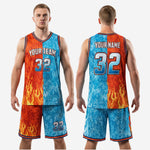 Full fire and ice custom basketball uniform kit in orange and sky blue with navy orange trim