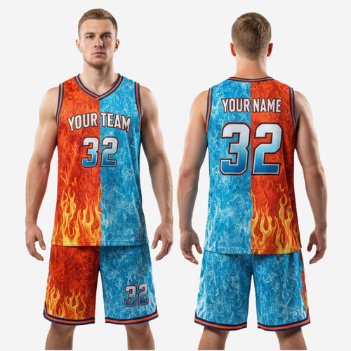 Full fire and ice custom basketball uniform kit in orange and sky blue with navy orange trim
