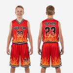 Size and specification sheet for red and black custom kids basketball uniforms showing available youth sizes for roster ordering