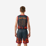 Back view of red and black youth basketball uniform showing back number placement and flame graphic on charcoal sublimated jersey