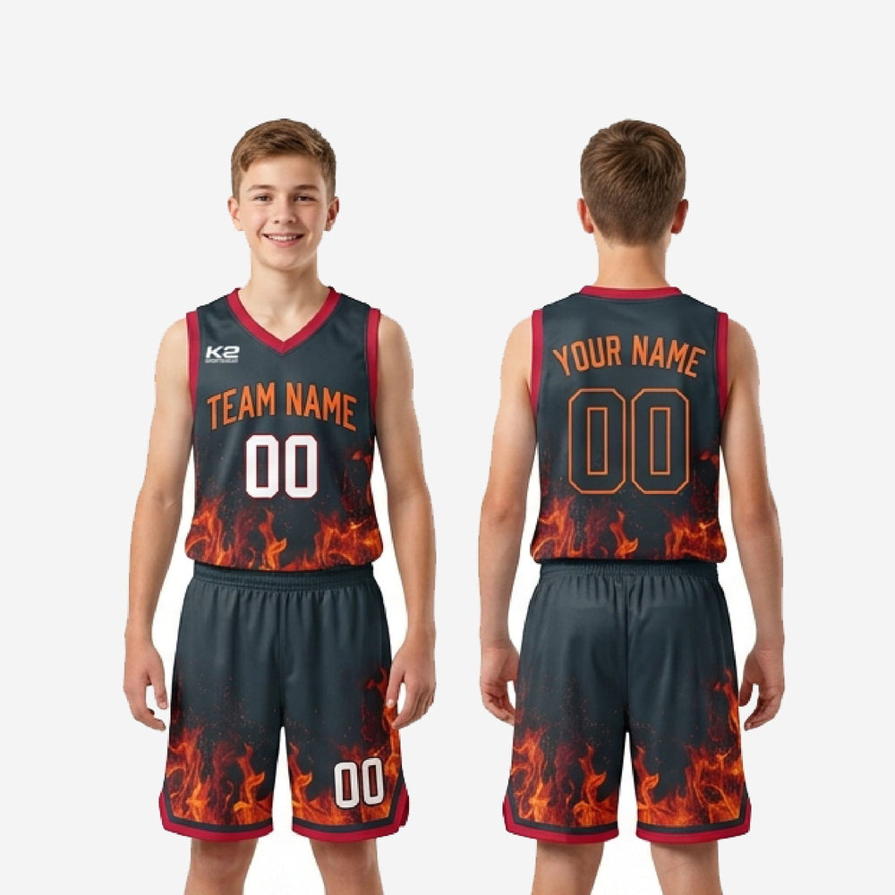 Flame Custom Red and Black Youth Basketball Uniforms - Set
