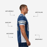 Back view of custom navy and white American football jersey showing nameplate area and back number print zones