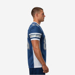 Navy and white custom American football jersey front view showing white V-neck collar team name arc and silver number 23 on blue body