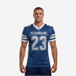 Custom football jersey manufacturer navy and white sublimated American football jersey with silver numbers and three-stripe sleeve bands front view