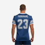 Right side view of custom sublimated navy American football jersey showing set-in sleeve stripe and white side panel construction