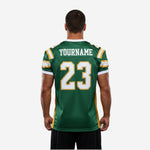 Back view of green and gold custom American football jersey showing player number printed high between the shoulders