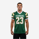 Custom football jerseys for leagues in green and gold with white V-neck collar, team name on chest, and front number 23, front view