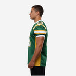 Right side view of custom green and gold football jersey for leagues showing sleeve stripe detail and straight hem