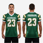 Size and specification chart for custom green and gold American football jerseys for leagues, youth and adult sizes available