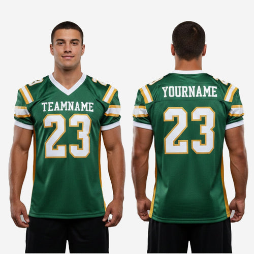 Size and specification chart for custom green and gold American football jerseys for leagues, youth and adult sizes available