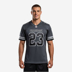 Custom football jerseys for schools in charcoal and black with front number and team name, front and back view