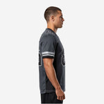 Charcoal and black custom American football jersey front view with sleeve stripe detail and V-neck collar