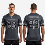 Size and spec chart for charcoal and black custom American football jerseys, youth through adult sizing