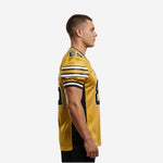 Size and specification sheet for gold and black football jerseys with names and numbers, youth through adult sizing